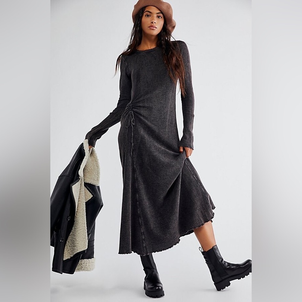 FP One Natasha Thermal Dress - XL - Charcoal Brown - Waffle Knit - 100% Cotton